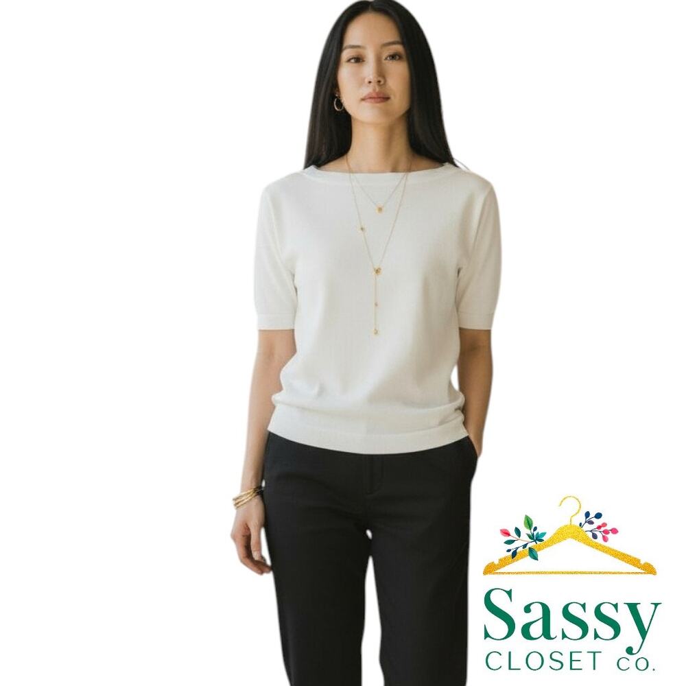 ✨ ANN TAYLOR White Cotton Short Sleeve Sweater MP Petite Bow Tie Back EUC 🎀